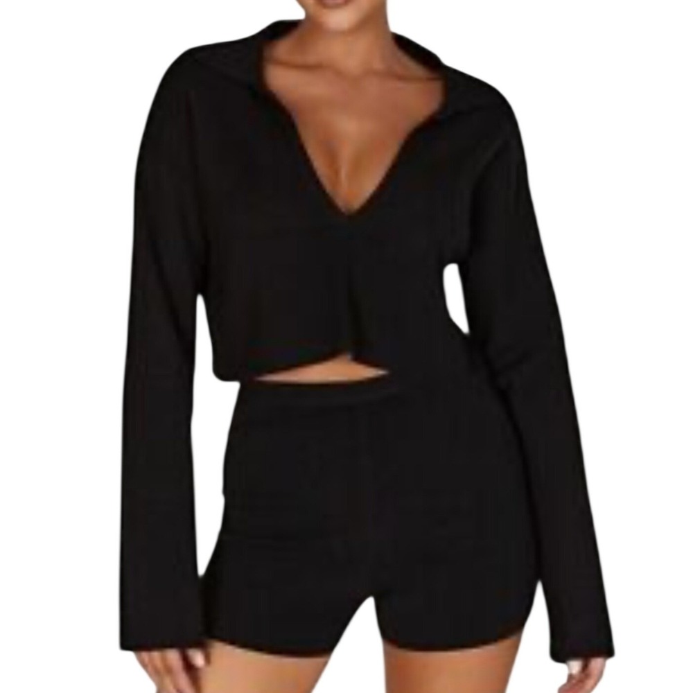 Meshki Lennox Collared Knit Jumper Black Deep V-Neck Crop‎ Top TP04928KD3 Medium